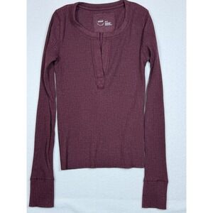 Aerie Ribbed Long Sleeve Henley‎ Top Burgundy XS TP
